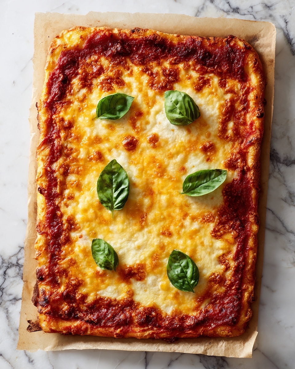 square image A rectangular pizza on parchment paper with a thin, crispy golden-brown crust. The first layer is a red tomato sauce spread evenly across the dough. On top, there is a thick layer of melted yellow and white cheese that covers the pizza almost completely, with some browned spots showing where the cheese bubbled during baking. Five fresh green basil leaves are placed on the cheese layer, spaced out to add color contrast. The pizza rests on a white marbled surface. photo taken with an iphone --ar 4:5 --v 7