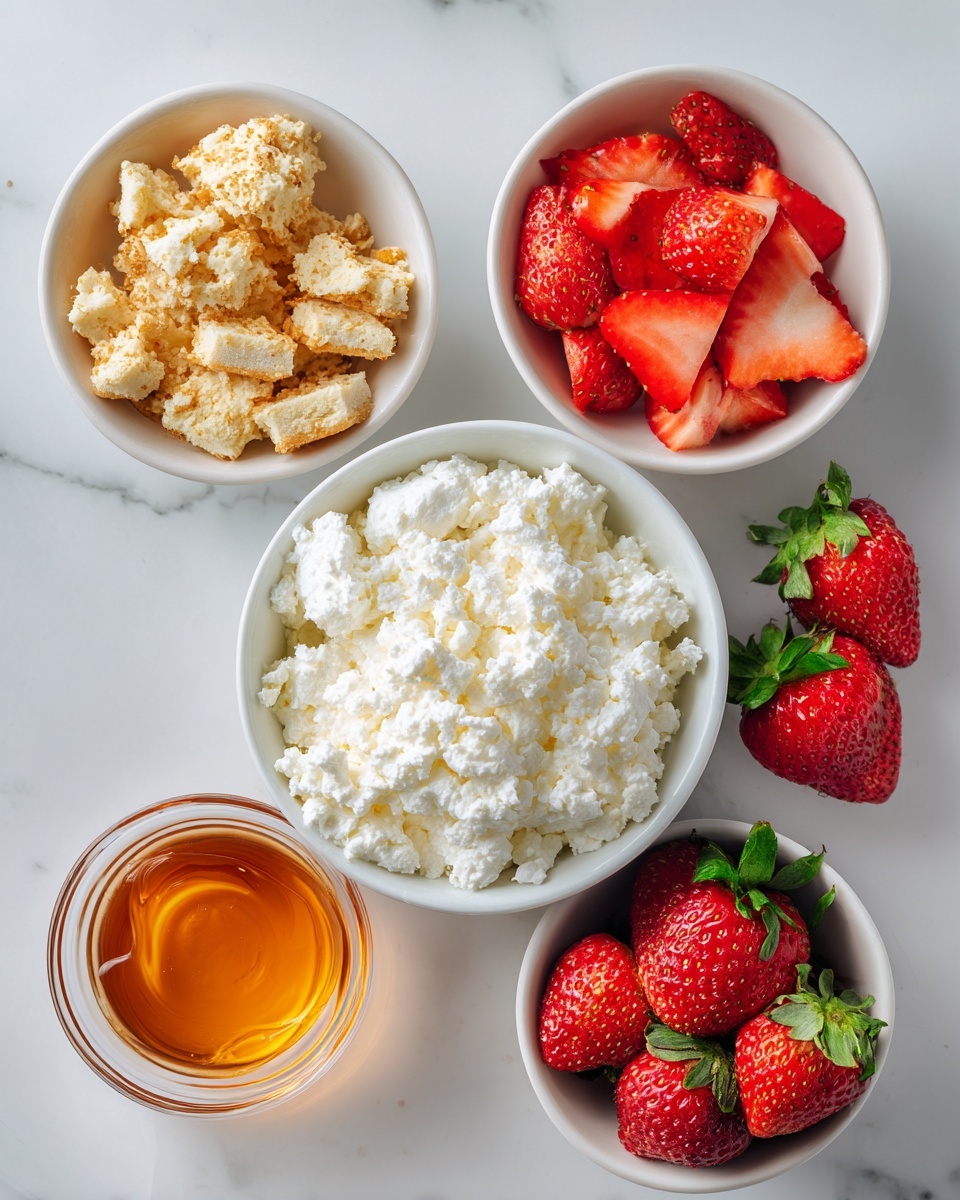 square image The image shows five small white bowls placed on a white marbled surface. The largest bowl in the center is filled with white, soft cottage cheese with a slightly grainy texture. To the top left, a bowl holds broken golden-brown crushed cookies or biscuits with a crumbly texture. To the top right, a bowl contains bright red sliced strawberries with seeds visible and a fresh look. Below the center bowl and slightly to the left is a smaller bowl filled with light amber honey, smooth and glossy. At the bottom right, a bowl holds whole fresh strawberries with green leaves on top, showing a bright red, juicy texture. The scene is well lit with natural light, and the arrangement appears clean and simple. Photo taken with an iphone --ar 4:5 --v 7