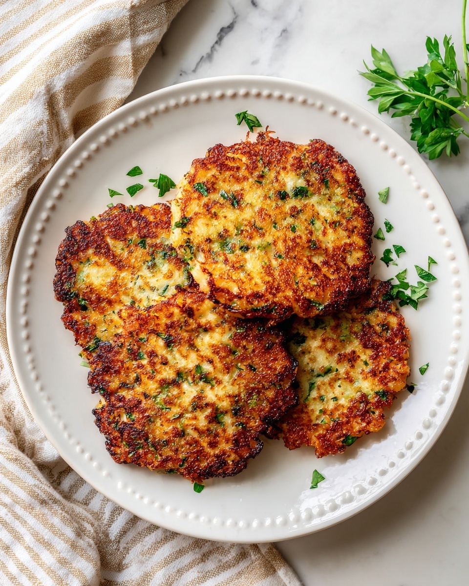 square image Three golden brown fritters with crispy edges sit on a white plate with small round bead details around its rim. The fritters have a rough texture with some darker browned spots indicating they are cooked well. Small green herb pieces are sprinkled on top and around the fritters, adding a fresh touch. The plate is placed on a white marbled surface with a beige and white striped cloth nearby. photo taken with an iphone --ar 4:5 --v 7