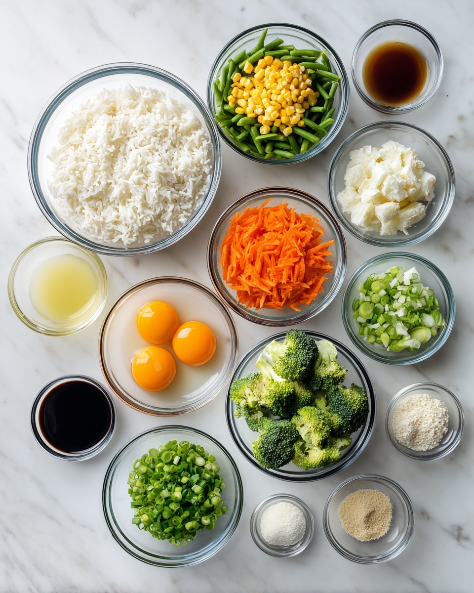 square image The image shows eleven clear glass bowls arranged neatly on a white marbled surface. The largest bowl on the left contains white cooked rice with a soft texture. Above this is a medium bowl filled with chopped green beans, orange carrots, and small pieces of yellow corn. To the right of the rice are two smaller bowls holding two raw eggs with bright orange yolks, and chopped broccoli florets in a fresh green color. Surrounding these are smaller bowls with finely sliced green onions, a light yellow liquid (likely oil), a dark soy sauce, another dark sauce, minced garlic, a dark thick sauce, a small pile of light beige powder, and small white pieces (possibly chopped garlic or ginger). The bowls are evenly spaced, giving a clean and organized look to the ingredients. photo taken with an iphone --ar 4:5 --v 7