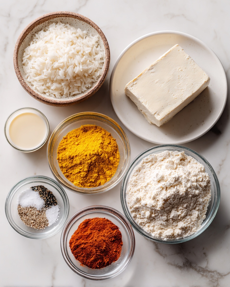 square image The image shows ingredients for cooking placed on a white marbled surface. There is a white plate holding a rectangular block of tofu, positioned near the top right. To the left of the tofu, there is a bowl with white rice. Below the rice is a small glass of creamy liquid. To the right of the liquid is a bowl of bright yellow powder, likely nutritional yeast. Below the powder, there is a bowl of white flour. In front of the flour is a small bowl filled with salt. To the left of the salt is another small bowl with a black and white mix of ground spices, and near it, a small bowl of orange-red powder, possibly paprika or chili powder. The setup is neat and minimal with clear glass bowls. Photo taken with an iphone --ar 4:5 --v 7