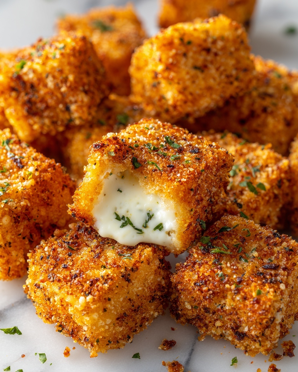 square image A close-up view of many small, square crispy pieces with a golden-brown crumb coating speckled with green herbs. One piece is shown in the middle with a visible creamy white inside, suggesting a soft filling. The pieces are placed close together on a white marbled surface, with a rough texture on the outside and some dark spots indicating seasoning. The lighting highlights the crunchy texture and slight shine of the coating photo taken with an iphone --ar 4:5 --v 7