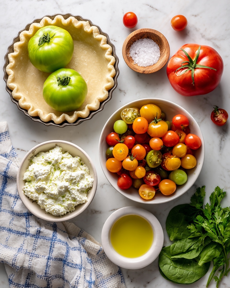 square image An overhead view shows ingredients arranged on a white marbled surface, including an empty pie crust in a round tart pan at the top left. Below the pie crust are two green tomatoes with smooth skin. To the right of the green tomatoes, a white bowl holds a mix of small red, orange, and yellow cherry tomatoes with shiny skins. Above the bowl is a small wooden bowl filled with coarse salt. To the right of the salt, three red tomatoes with green stems rest on the surface. Below the tomatoes, a green bunch of parsley and a few spinach leaves lie on a white and blue checkered cloth. At the bottom left, a white bowl contains creamy white cheese with herbs visible. Next to it, a smaller white bowl has a pool of golden olive oil. The scene is bright and fresh with natural light. Photo taken with an iphone --ar 4:5 --v 7