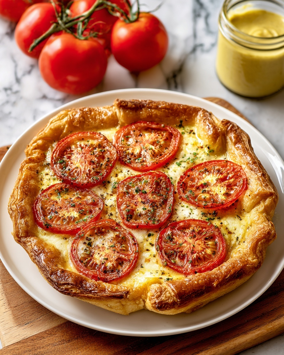 square image A round white plate holds a golden-brown puff pastry tart with a thick, crispy, and flaky crust raised around the edges. Inside the tart are seven evenly spaced red tomato slices with a slightly roasted texture on top. The tomato slices reveal some herbs sprinkled over them, adding specks of green and black. The tart's base is creamy with small white and light brown patches, likely cheese or sauce underneath the tomatoes. The plate is set on a wooden surface with a jar of light yellow mustard and three whole bright red tomatoes on the vine in the background, all on a white marbled texture. Photo taken with an iphone --ar 4:5 --v 7