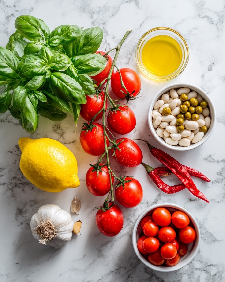 square image The image shows fresh ingredients arranged on a white marbled texture surface. There is a large bunch of green basil leaves on the left, with a bright yellow lemon below it. A small garlic clove and two red chili peppers lie beside the lemon. In the middle, a vine with several bright red tomatoes is placed horizontally. To the right, there are three white bowls: one filled with white beans, one with green capers, and one with more red tomatoes on a vine. A whole bulb of garlic and a small clear glass bowl filled with golden olive oil sit next to the bowls. The colors are vibrant and the textures clear, showing freshness and natural shine. photo taken with an iphone --ar 4:5 --v 7