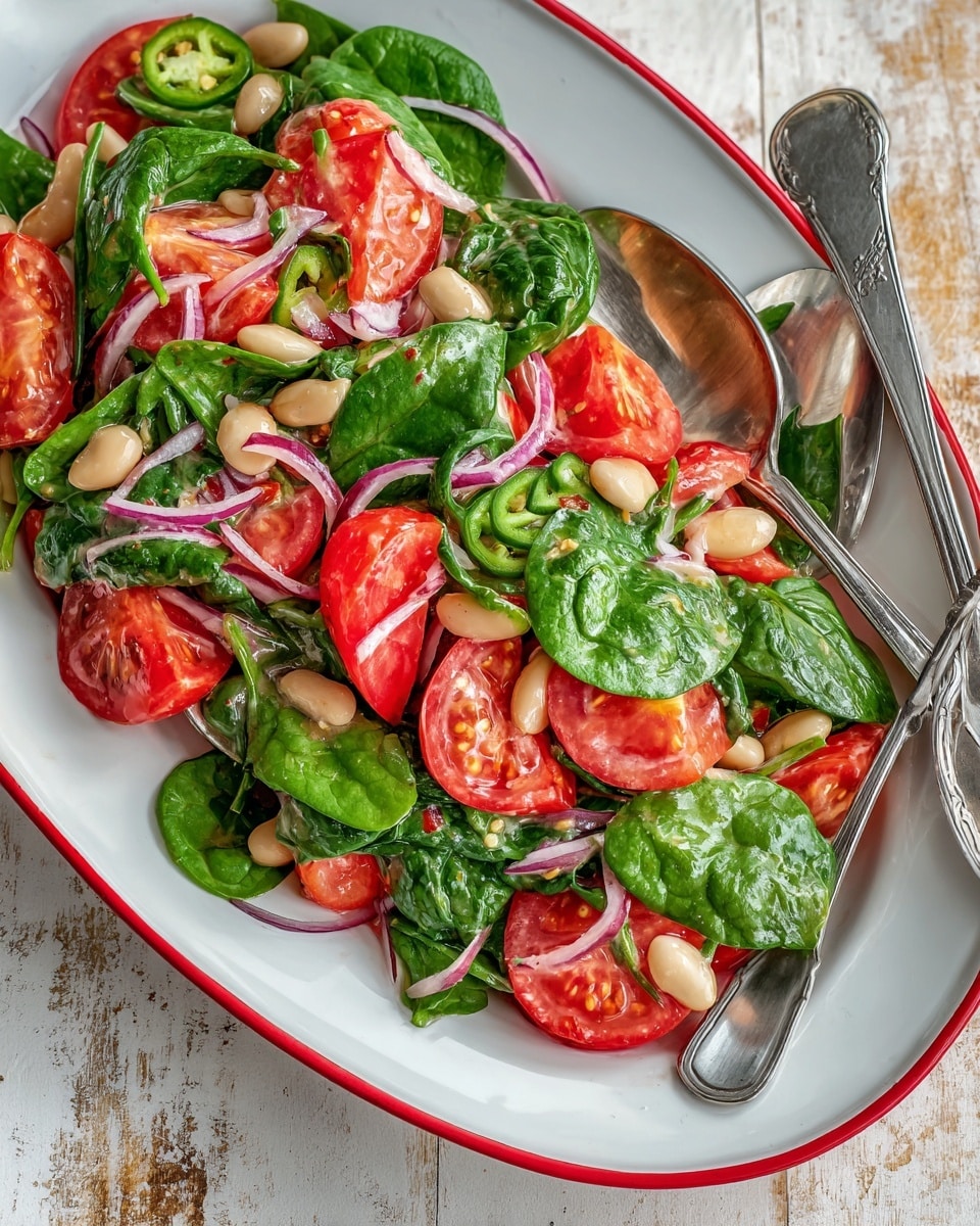 square image The image shows a white oval plate with a red rim filled with a colorful salad. The salad has large chunks of bright red tomatoes, fresh green spinach leaves, small white beans, thin slices of green chili peppers, and small pieces of red onion. The ingredients are mixed and look fresh and juicy. There are two silver serving spoons resting on the plate. The plate is placed on a wooden surface that should be changed to a white marbled texture. Photo taken with an iphone --ar 4:5 --v 7