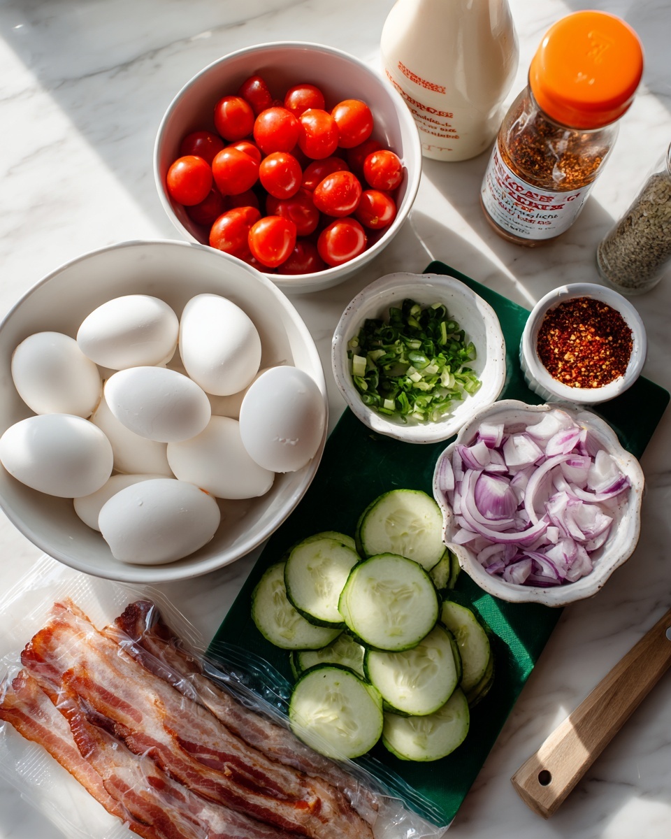 square image The image shows a white bowl on the left with six peeled boiled eggs that are smooth and white. To the right, there is another white bowl filled with halved red cherry tomatoes. Below the bowls on a green cutting board, there are several fresh sliced cucumber pieces, thinly sliced red onions, and small chopped green herbs in a small white ramekin. Next to the herbs, there is another small white ramekin filled with red pepper flakes. Behind the cutting board, there is a tall white bottle of creamy mayonnaise and two seasoning bottles, one orange labeled garlic pepper and the other red, labeled spice mix. At the bottom left, there is a clear plastic package containing strips of uncooked bacon on a white marbled surface. A woman's hand is slightly visible on the edge, touching the ingredients. The whole setup is on a white marbled countertop with bright natural light from the top right. photo taken with an iphone --ar 4:5 --v 7