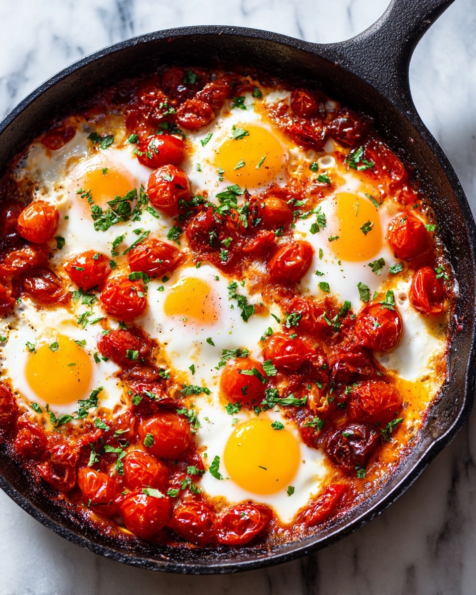 square image A round black cast iron skillet filled with a cooked dish showing six sunny-side-up eggs evenly spaced throughout. The eggs have white smooth edges with soft, slightly translucent yolks in the center. Surrounding and between the eggs are bright red cherry tomatoes, some whole and some split open, creating a rich red sauce with a slightly chunky texture. The skillet rests on a white marbled surface with natural light highlighting the shiny, oily texture of the cooked eggs and tomatoes. photo taken with an iphone --ar 4:5 --v 7