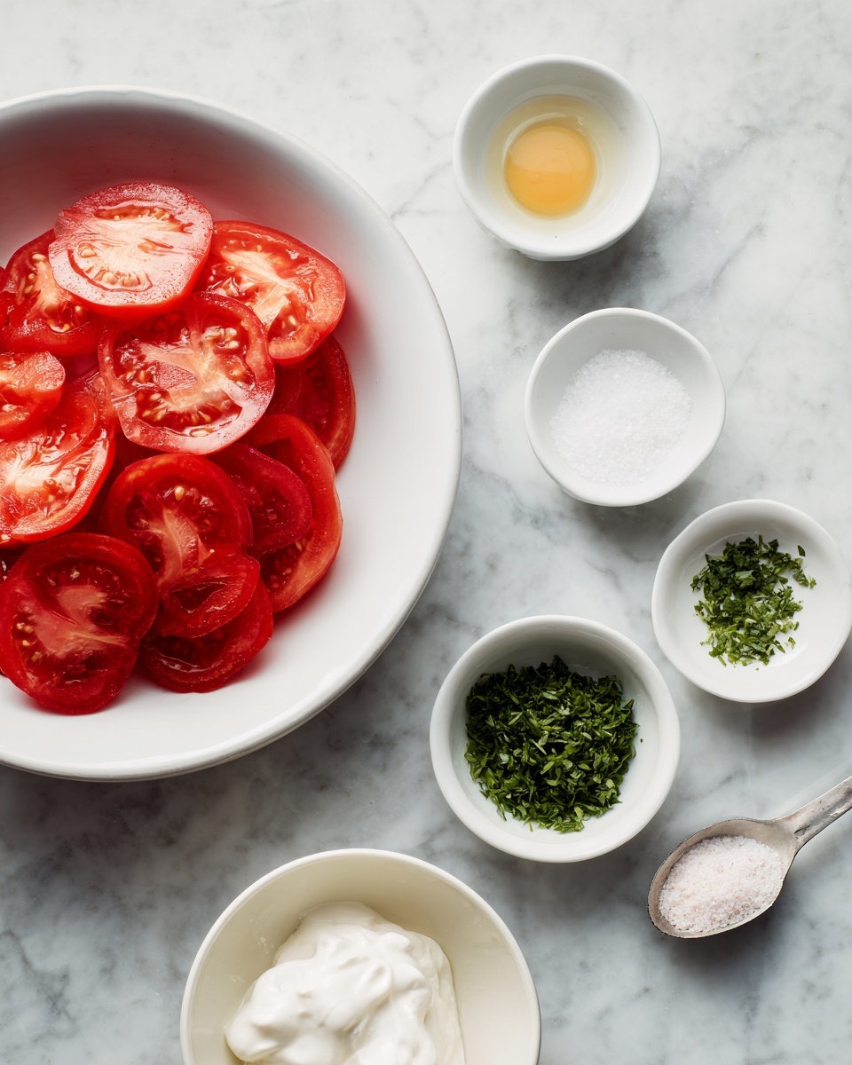 square image The image shows two separate views on a white marbled surface. In the first view, a white bowl holds a flat layer of thin red tomato slices arranged in a slight overlap, forming almost a full circle. Next to it is a small white bowl with a small white ingredient inside, likely salt. In the second view, five small white bowls are spread out: one holds finely chopped green herbs, another contains a whole raw egg, a third has a white granular ingredient, the fourth contains thick white cream, and the last one holds a small spoon with a white powder. Photo taken with an iphone --ar 4:5 --v 7