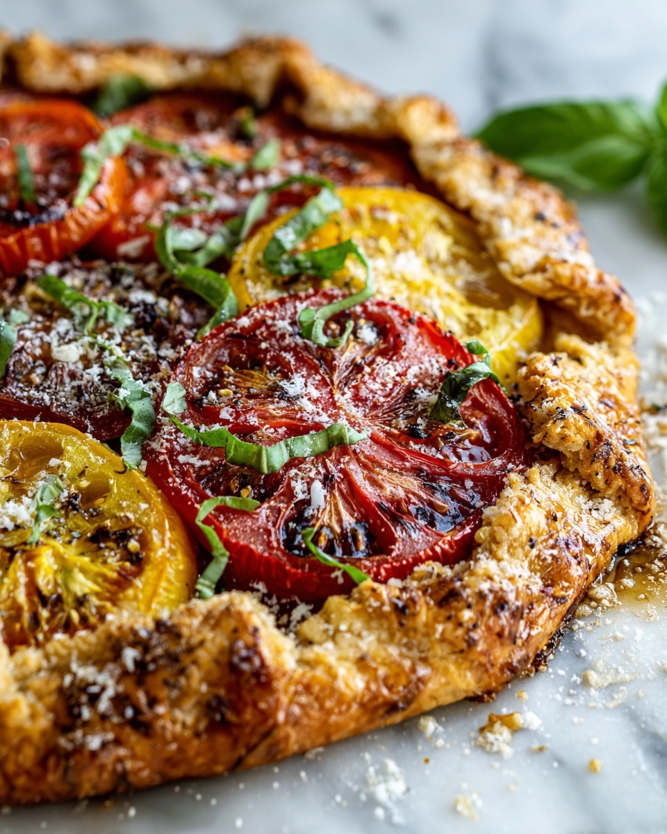 square image A golden brown galette with a rustic, uneven crust that folds over the edges of layered tomato slices. The tomato layers consist of bright yellow and deep red tomatoes, some slightly charred with a soft texture. Scattered fresh green basil leaves add color contrast on top. Light white grated cheese is sprinkled over the tomatoes and crust edges, with some cheese also scattered on the white marbled surface underneath. The overall look is warm and fresh, showing a simple, homemade savory tart photo taken with an iphone --ar 4:5 --v 7