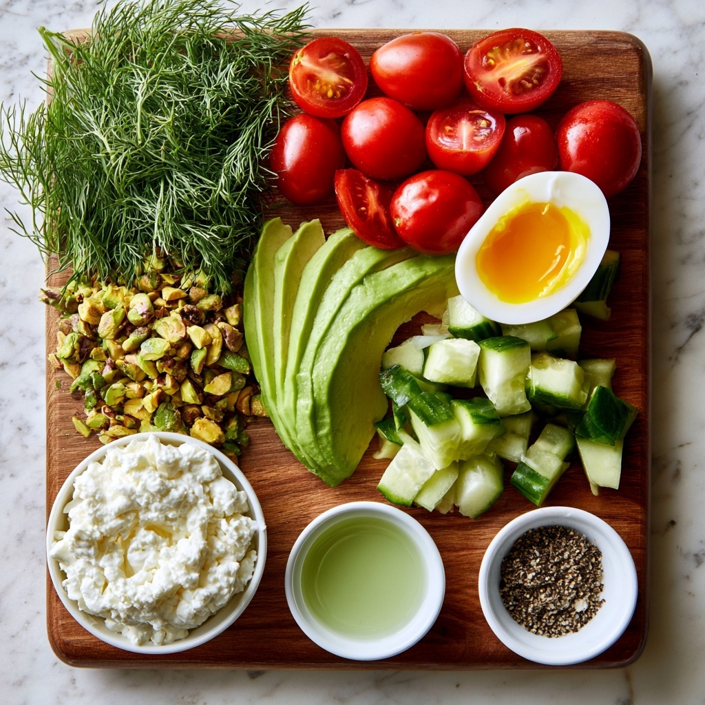 square image A wooden board on a white marbled surface holds neatly arranged fresh ingredients in separate sections: bright green dill sprigs at the top left, a small white bowl with cream cottage cheese at the bottom left, chopped pistachios with a mix of green and brown color just above the bowl, and a few thin slices of avocado light green and fanned out in the middle. To the top right side, halved red grape tomatoes show their shiny smooth skin, and next to them is a halved soft boiled egg with a bright yellow yolk and white albumen. Below the egg are unevenly cut cucumber pieces with green skin and pale inside scattered. Two small white bowls sit on the board with clear green liquid and black pepper powder respectively. photo taken with an iphone --ar 4:5 --v 7square image