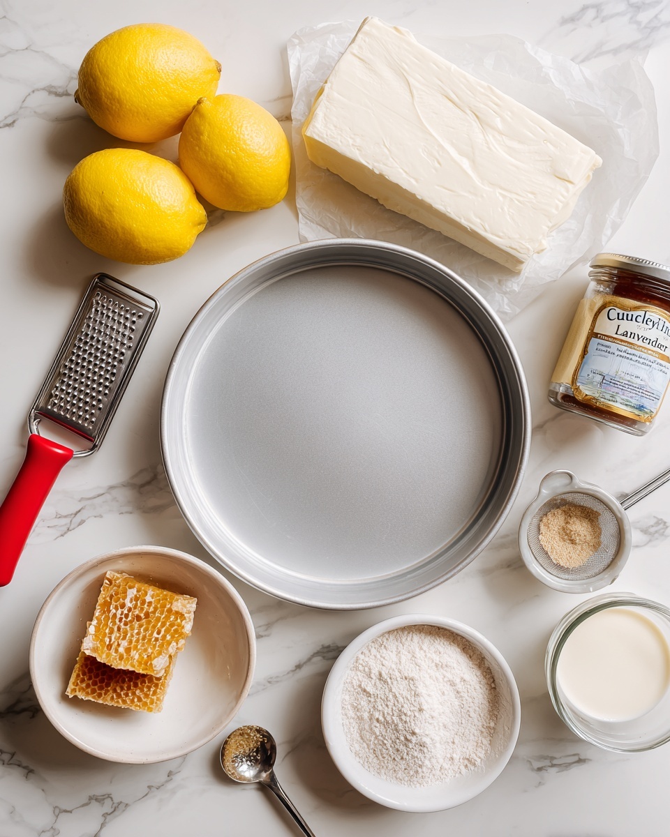 square image The image shows a round silver baking pan in the center on a white marbled surface. Around the pan, there are two bright yellow lemons on the left side, a red-handled grater, and a small jar labeled