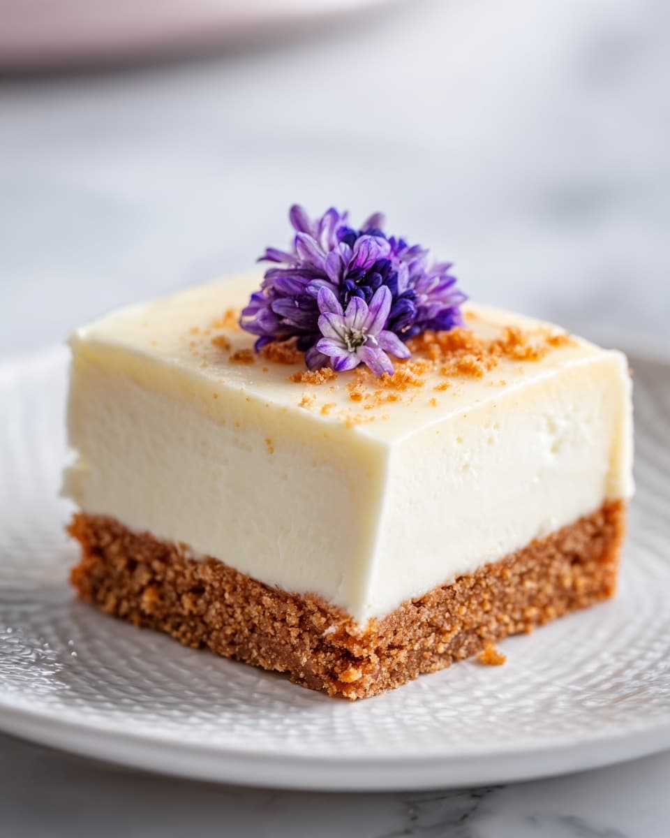 square image A close-up view of a single slice of cheesecake resting on a white plate with a textured pattern. The dessert has two layers: the bottom layer is a crumbly, light brown crust with a rough texture, while the top layer is a smooth, thick, creamy white filling. On top of the cheesecake is a small purple flower as decoration. The background is a white marbled surface. photo taken with an iphone --ar 4:5 --v 7