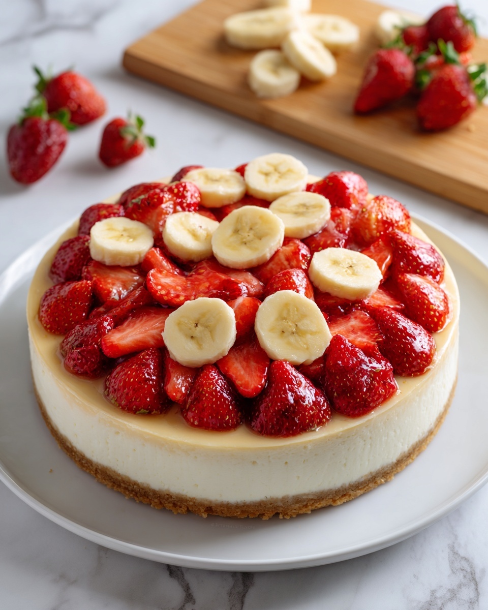square image A round cheesecake on a white plate with a smooth light beige crust layer at the bottom and a thick creamy white layer on top. The cheesecake is topped with many bright red strawberries and pale yellow banana slices arranged closely together, creating a colorful and fresh look. Each fruit is shiny and placed upright or slightly tilted, covering the whole top surface of the cake. In the background, there is a light wooden cutting board with some banana pieces and whole strawberries scattered on it, all set on a white marbled surface. Photo taken with an iphone --ar 4:5 --v 7