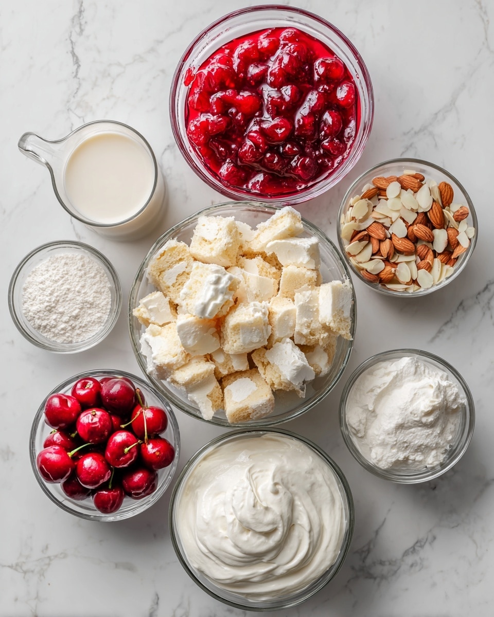 square image The image shows seven clear glass bowls placed on a white marbled surface. The largest bowl in the center contains roughly chopped pieces of white and golden brown cake. Surrounding it, starting from the top left and moving clockwise, are a bowl of bright red cherry pie filling with whole cherries, a measuring cup of white milk, a small bowl of almond slices, a small bowl of white creamy mixture, a small bowl of white powder (likely flour or sugar), and a medium bowl of thick white whipped cream. The bowls are all arranged neatly with no utensils visible. Photo taken with an iphone --ar 4:5 --v 7