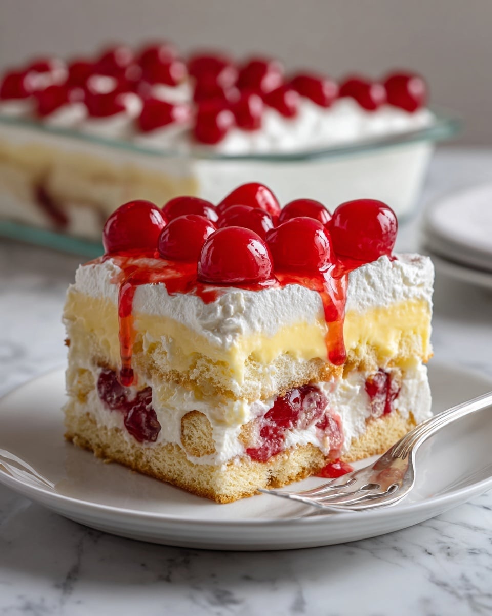 square image The image shows a square slice of layered cherry dessert on a white plate with a silver fork at the front right edge. The dessert has four layers: the bottom layer is a light sponge cake with red cherry filling seeping through, the next layer is white whipped cream mixed with chunks of sponge cake, followed by a thick pale yellow custard layer, and topped with another thick layer of whipped cream. On top of the whipped cream, bright red halved cherries are placed evenly, some with shiny syrup dripping down the sides. There is a clear glass square dish with the rest of the dessert in the background, all sitting on a white marbled surface. Photo taken with an iphone --ar 4:5 --v 7