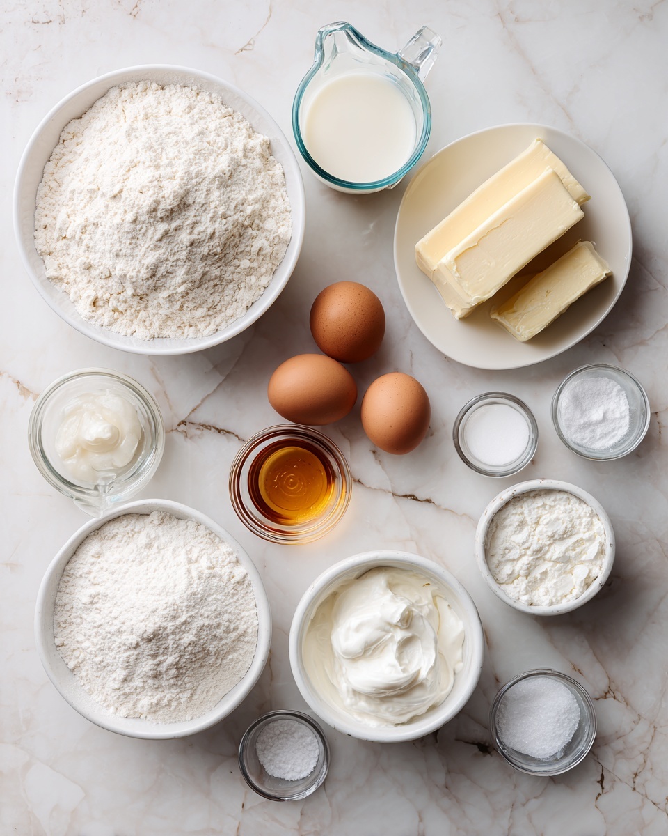 square image The image shows a white marbled surface with various baking ingredients arranged neatly in separate white bowls and small glass containers. On the left side, there is a large white bowl filled with flour and above it, a clear measuring cup with milk. In the center, from top to bottom, there is a small white bowl with two brown eggs, a glass cup with a light amber liquid, another white plate holding slices and a block of pale yellow butter, and a small glass bowl with white thick cream. To the right, a medium white bowl contains white sugar, and there are small glass containers with white powder, salt, and a clear liquid near it. The items are spaced evenly, all placed on the white marbled surface. photo taken with an iphone --ar 4:5 --v 7