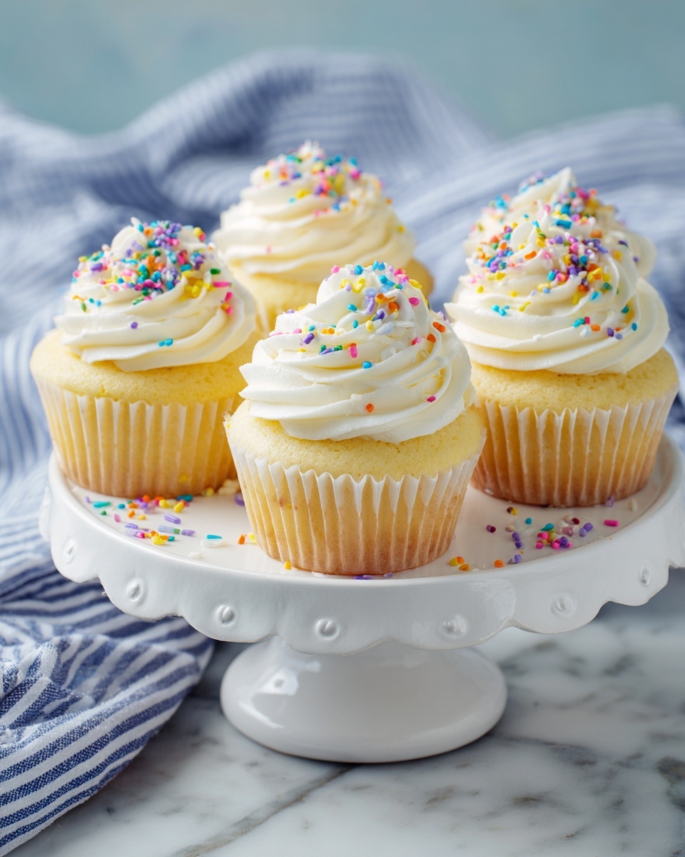 square image The image shows five vanilla cupcakes on a white scalloped cake stand. Each cupcake has one layer of light yellow cake with a smooth, swirled white frosting on top, sprinkled with small, round, colorful sprinkles. The cake stand is placed on a white marbled surface with a blue and white striped fabric in the background. The cupcakes are positioned close together, with three in the front and two slightly blurred in the back. photo taken with an iphone --ar 4:5 --v 7