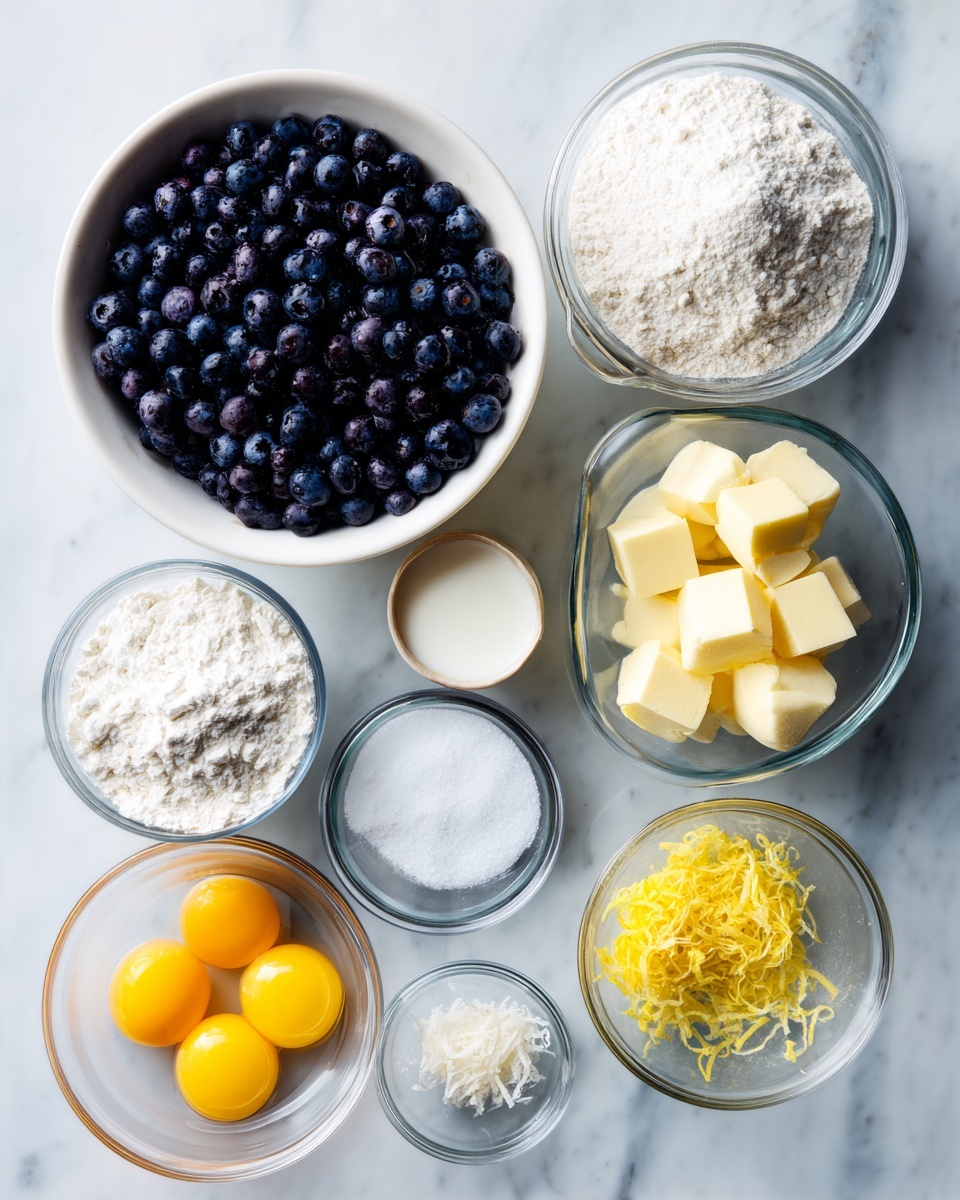 square image Several small bowls sit on a white marbled surface, each filled with different ingredients. At the center is a white bowl full of fresh, dark blue blueberries. To its right is a large clear glass bowl filled with white flour. Below the flour is a small clear bowl with white sugar. Above the blueberries, a small dark bowl holds yellow butter cubes. Near the top left, a small clear bowl contains white baking powder or baking soda. Below that, a clear bowl has clear oil and next to it a smaller pile of yellow lemon zest. At the bottom left, a clear bowl holds two raw eggs with bright yellow yolks. In the top right corner, a glass jug is filled with white milk. photo taken with an iphone --ar 4:5 --v 7