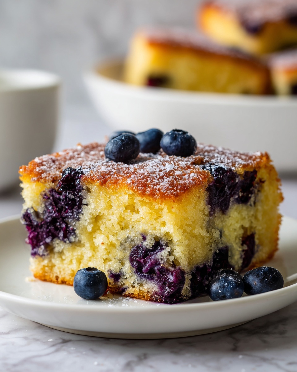square image A single thick square piece of golden-brown blueberry cake sits on a plain white plate with smooth edges. The cake has visible dark purple blueberries scattered throughout its soft, spongy yellow interior. The top layer is slightly uneven and textured, showing a light crust dusted with sugar giving a sparkly look. Around the cake on the plate, a few whole fresh blueberries add deep blue contrast. The background is a white marbled surface with a soft blur of a white bowl filled with more cake pieces in the back. Photo taken with an iphone --ar 4:5 --v 7