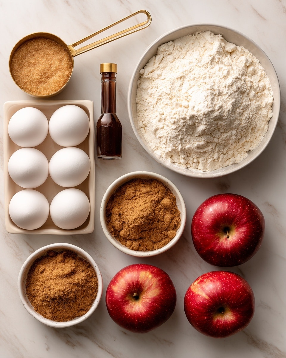 square image The image shows baking ingredients arranged neatly on a white marbled surface. There are two whole red apples with a smooth texture, placed near the bottom right. Above the apples are two small white bowls with a warm brown powder inside each. To the left of the apples, a gold-handled measuring cup holds light brown sugar, while a similar cup above it is filled with white flour. On the left side, a white tray holds six white eggs. To the right of the flour is a small, tall brown bottle with a dark cap. The items are spaced evenly with clear visibility of each ingredient. Photo taken with an iphone --ar 4:5 --v 7