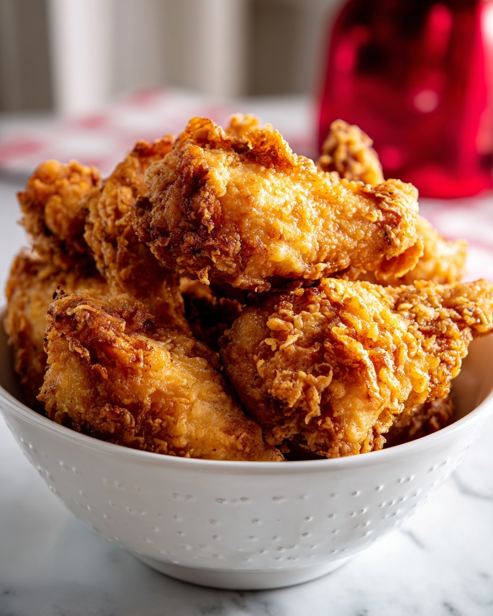 square image The image shows a white bowl with small holes, filled with several pieces of golden-brown fried chicken that have a crispy texture with some light crumbs on them. The chicken pieces are stacked closely together, showing a rough and crunchy outer layer. The background surface is a white marbled texture with a blurred red object behind the bowl. Photo taken with an iphone --ar 4:5 --v 7