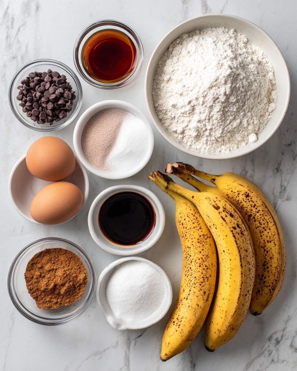 square image The image shows ingredients for baking, all placed separately on a white marbled surface. There are two ripe bananas with brown spots on the right. To the left of the bananas are two brown eggs, sitting next to a small white bowl filled with light brown crumbly flour. Above the eggs and flour are several small white bowls containing various ingredients: one with dark chocolate chips, another with white powder, a bowl with fine pink salt, a bowl with dark vanilla extract, and a bowl with light brown cinnamon powder. The largest bowl is filled with white flour and placed at the top right, while a medium bowl of dark golden syrup sits at the top left. All bowls are clear glass, and the arrangement is neat and evenly spaced. photo taken with an iphone --ar 4:5 --v 7