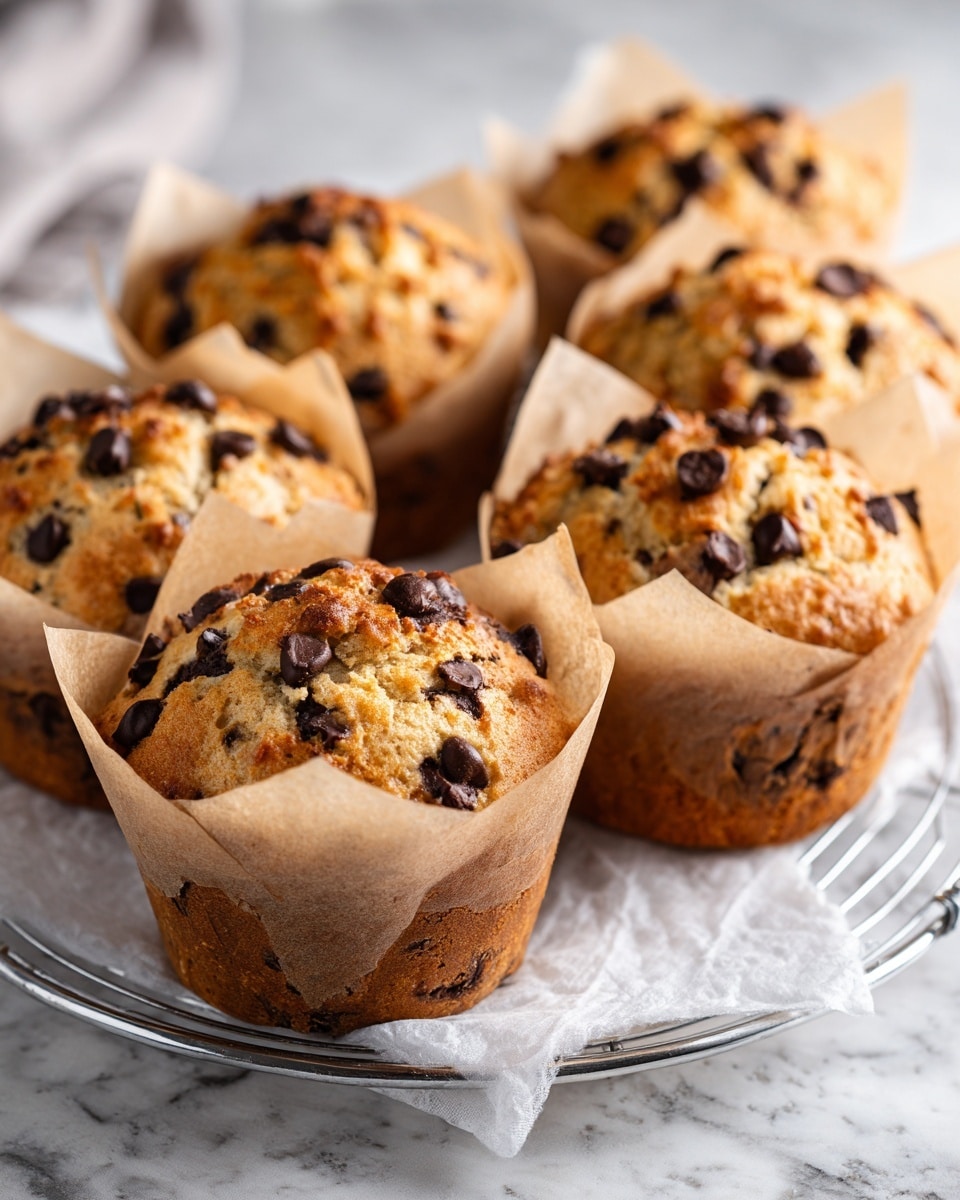 square image The image shows six golden brown muffins filled with dark brown chocolate chips, each muffin wrapped in light brown paper cups. The muffins have a slightly rough, crumbly texture on top with several chocolate chips visible on the surface. They are arranged closely together on a silver wire rack, which rests on a white marbled surface. The background is softly blurred, adding focus to the muffins themselves. photo taken with an iphone --ar 4:5 --v 7