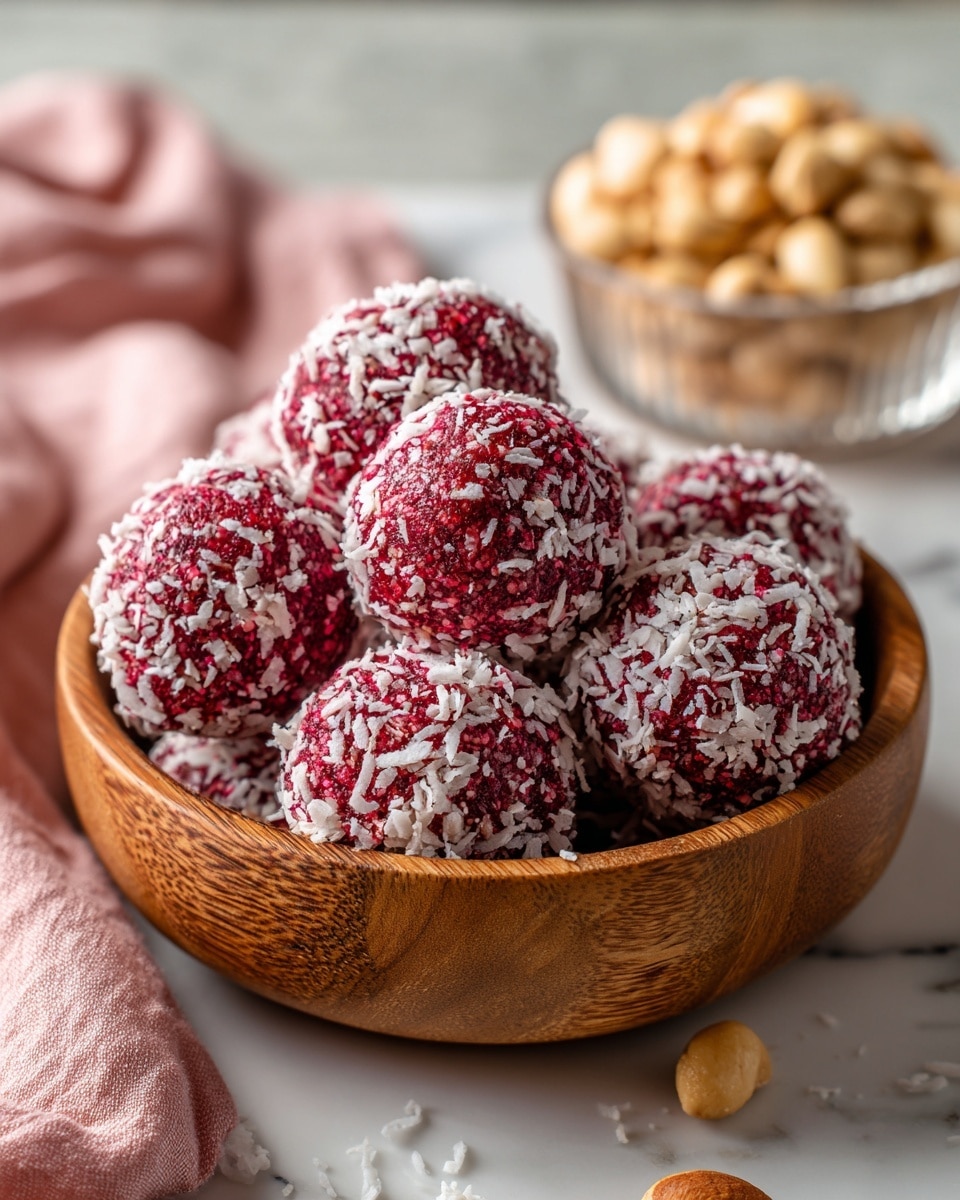 square image A brown wooden bowl filled with eight round red balls covered with white shredded coconut flakes, placed on a white marbled surface with a soft pink cloth nearby and a glass bowl with beige nuts in the background. The balls have a rough texture due to the coconut and some smooth red patches showing through. Photo taken with an iphone --ar 4:5 --v 7