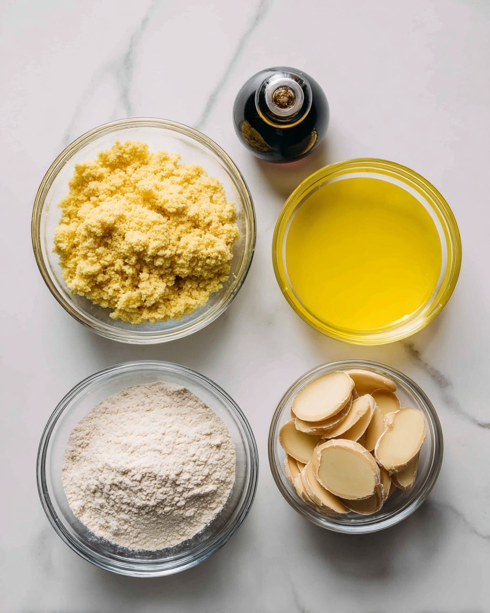 square image The image shows four clear glass bowls on a white marbled surface. The top left bowl contains a light yellow crumbly mixture, the top right bowl holds a smooth bright yellow liquid, the bottom left bowl is filled with fine white powder, and the bottom right bowl has light beige sliced pieces. Next to the top left bowl is a small bottle of dark liquid. All items are arranged neatly with soft natural lighting. Photo taken with an iphone --ar 4:5 --v 7