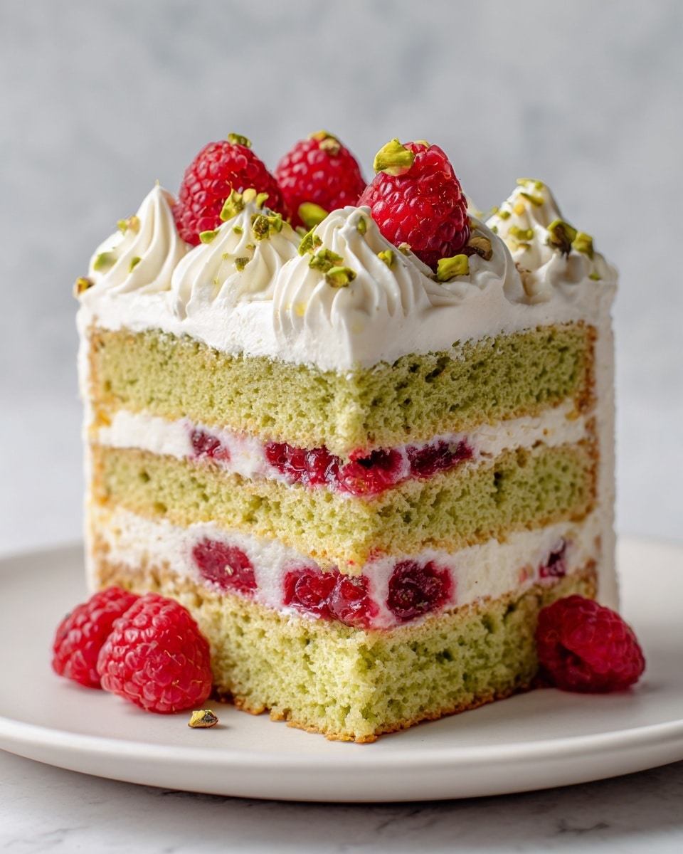 square image A thick slice of layered cake sits on a white plate with a few raspberries around it, on a white marbled surface. The cake has three main sponge layers that are light green and slightly textured. Between the first and second sponge layers is a bright red raspberry filling with some white cream mixed in, and between the second and third sponge layers is a thicker white cream with bits of raspberry. On top, a thick layer of white cream is piped with swirls around the edge, topped with fresh red raspberries and small green pistachio pieces scattered on the cream and sides of the cake. Photo taken with an iphone --ar 4:5 --v 7