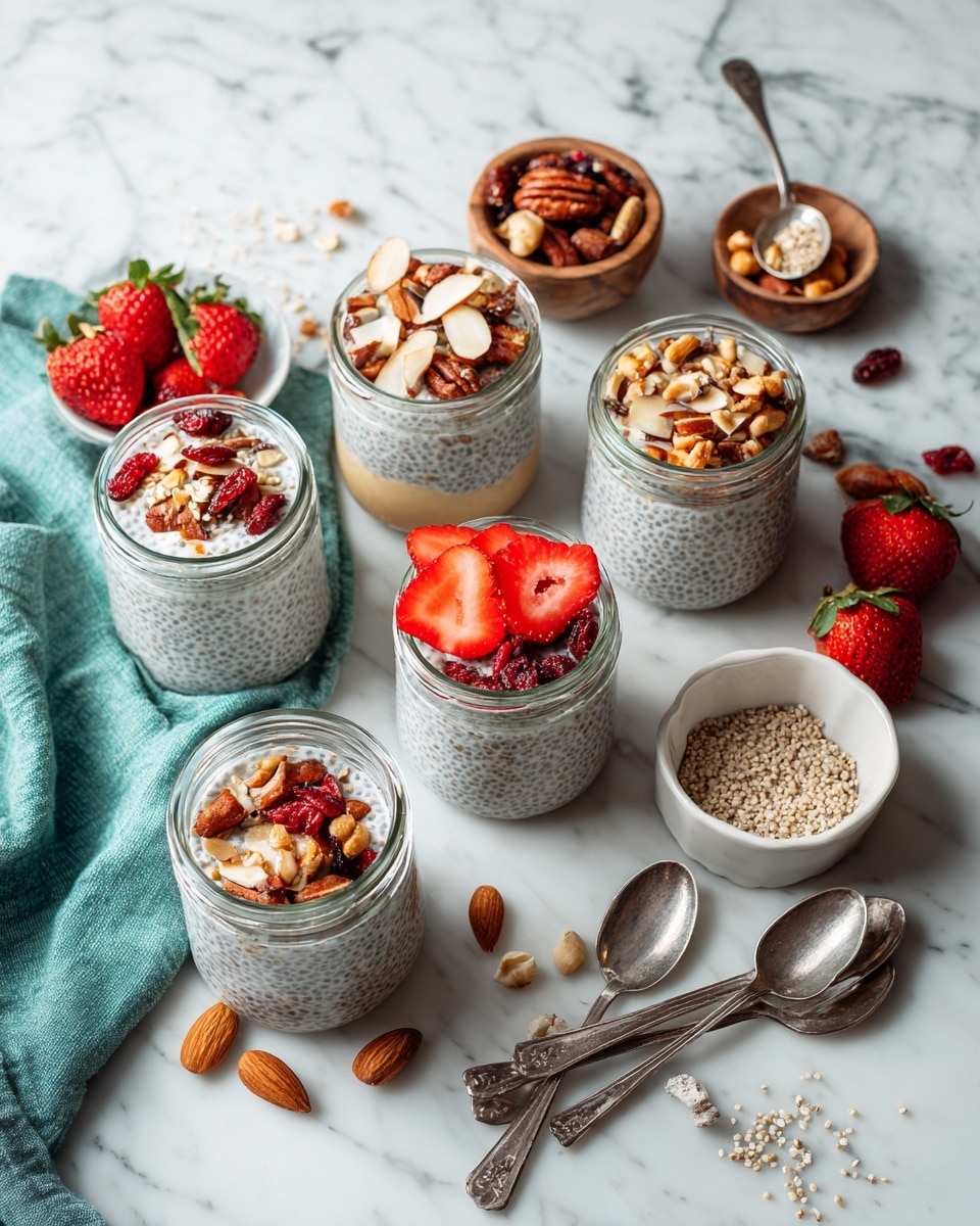 square image The image shows five glass jars filled with chia pudding arranged on a white marbled surface. Three jars are topped with mixed nuts and dried cranberries, showing layered textures of smooth pudding and crunchy toppings. One jar has sliced strawberries and almond slices on top, adding bright red and white colors. The last jar is plain chia pudding with no toppings. Around the jars are scattered seeds and nuts, a small white wooden bowl filled with mixed nuts and dried cranberries, another bowl with fresh strawberries, two metal spoons, and a folded teal cloth napkin. The whole scene is bright and clean, with a fresh and healthy feel. Photo taken with an iphone --ar 4:5 --v 7