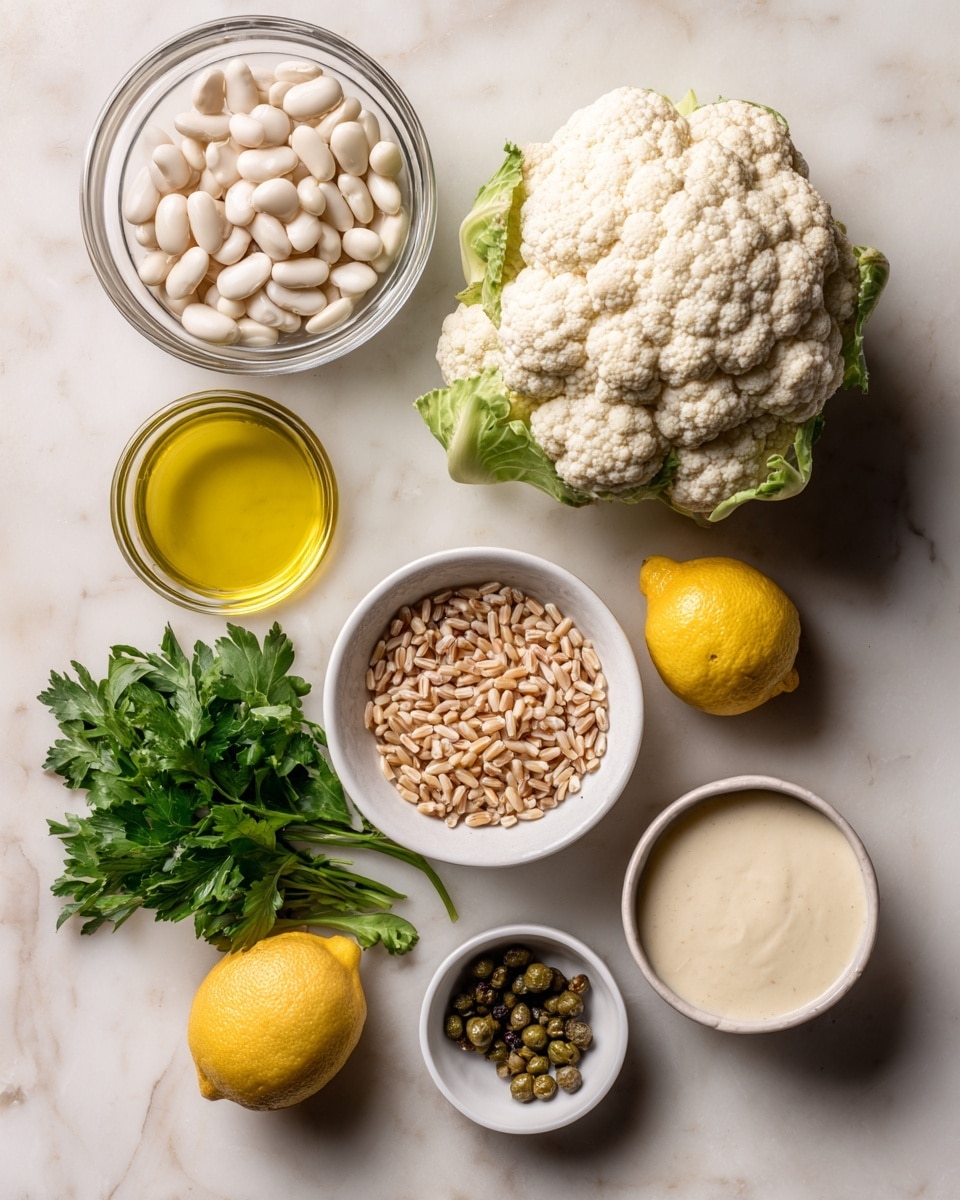 square image The image shows several ingredients placed on a white marbled surface. At the top right, there is a whole cauliflower with a creamy white, bumpy texture. To the left of the cauliflower is a small clear glass bowl filled with white beans. Below the beans is a small clear glass cup with yellow olive oil. In the center, there is a white bowl filled with soft brown barley grains. To the right of the barley is a small white bowl with thick, smooth, creamy dressing in a light beige color. Below the dressing bowl, a small white bowl holds pale beige pine nuts. At the bottom left, there is a bunch of fresh green parsley with leafy texture. Next to the parsley on the left is a whole yellow lemon. At the bottom center, a small clear glass bowl contains green capers. Lastly, on the right side, a small white dish holds black and white pepper and salt. photo taken with an iphone --ar 4:5 --v 7