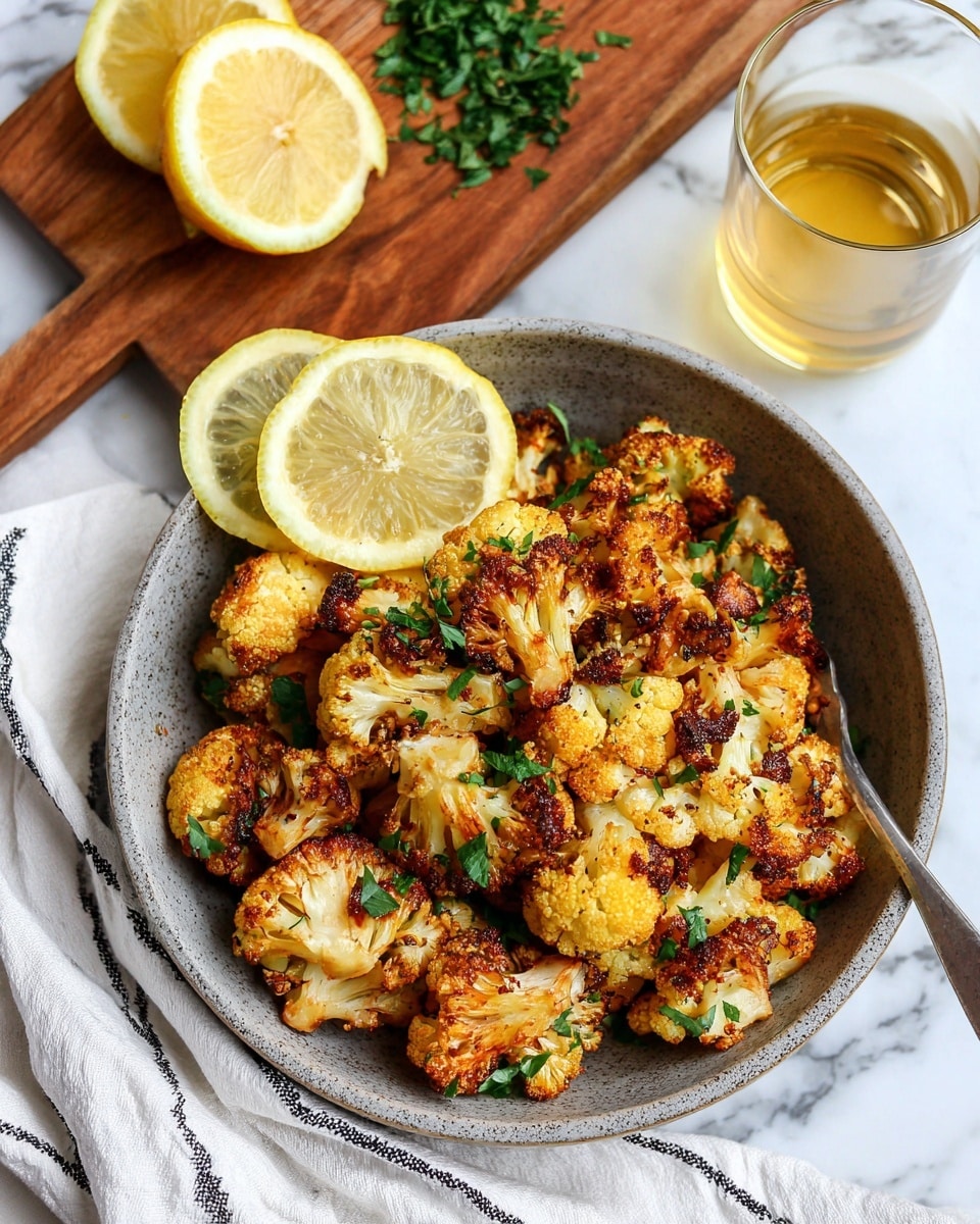 square image A round gray stone bowl filled with roasted cauliflower pieces that are golden-orange with some darker browned spots, showing a crispy texture. The cauliflower is sprinkled with bright green chopped herbs. On the left side inside the bowl, there are two lemon wedges with bright yellow skin and white inside. Behind the bowl, there is a wooden board with a half lemon showing its inside, some chopped green herbs, and a glass of golden liquid. A white marbled surface surrounds everything with a white cloth featuring black stripes on the bottom left corner. photo taken with an iphone --ar 4:5 --v 7