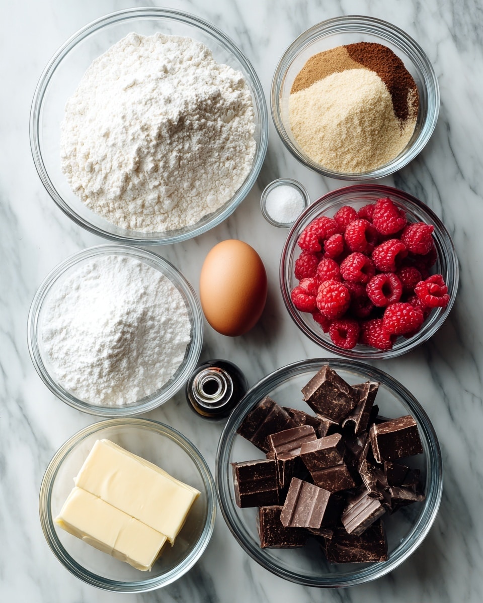 square image The image shows several clear glass bowls arranged on a white marbled surface, each holding different ingredients: one with white flour, one with white sugar, one with brown sugar, one with raspberries, one with dark chocolate chunks, and one with baking soda and baking powder mixed together. In the middle of the bowls, there is one brown egg. A partly unwrapped stick of butter is placed to the left, and a small bottle of vanilla extract is nearby in front of the butter. photo taken with an iphone --ar 4:5 --v 7