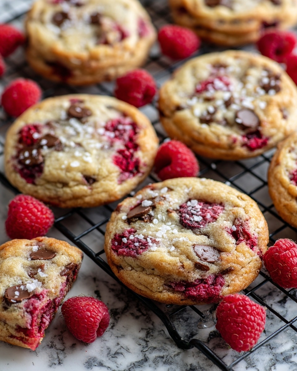 square image The image shows several round cookies with a golden brown texture, baked to a slightly crisp edge and soft center. Each cookie has visible layers of mixed red raspberries and dark chocolate chips, some melted slightly, spread unevenly across the surface. There is a light sprinkling of white sea salt on top of the cookies. The cookies rest on a black cooling rack with more fresh raspberries placed around for decoration. The background is a white marbled texture. photo taken with an iphone --ar 4:5 --v 7
