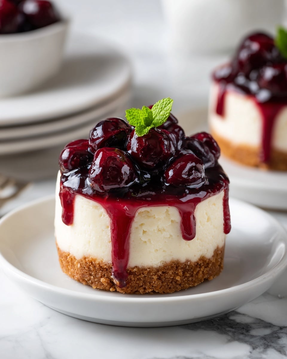 square image A small round cheesecake with three visible layers is placed on a white plate, resting on a white marbled surface. The bottom layer is a crumbly light brown crust, smooth in texture. Above it is a thick, creamy off-white layer of cheesecake that is firm and solid. The top layer is a glossy, deep red berry sauce with visible whole berries, some dripping down the side. A small green mint leaf decorates the top center of the cake. photo taken with an iphone --ar 4:5 --v 7