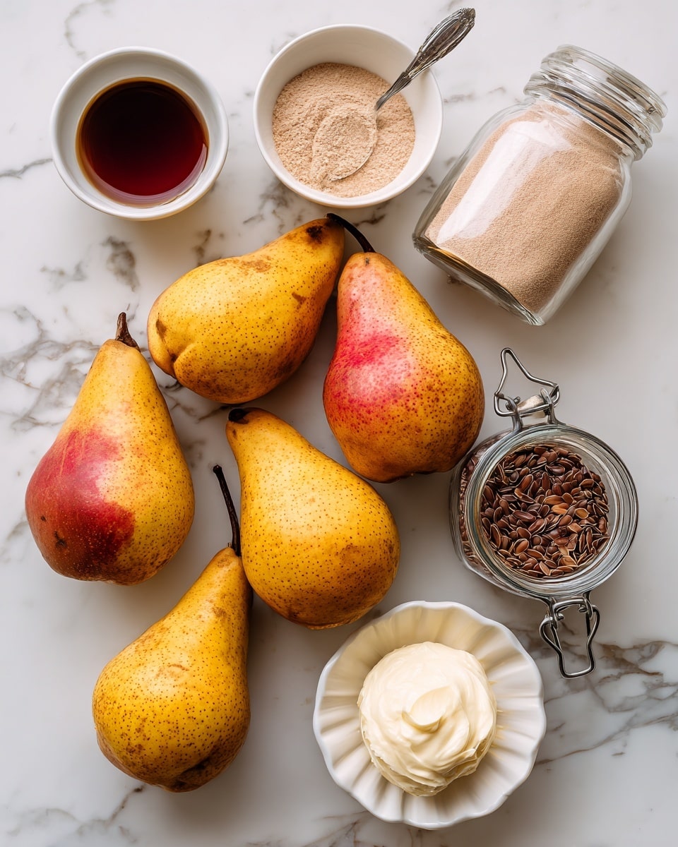 square image Five yellow pears with red blush lie spread on a white marbled surface, surrounded by six small bowls and containers holding ingredients: a white bowl with dark brown liquid near the top left, a clear jar with light brown powder tilted on its side top right, a white bowl with light brown sugar to the right, a glass jar with a metal clasp containing seeds bottom right, and a fluted white bowl with a round scoop of pale cream-colored butter bottom left. Photo taken with an iphone --ar 4:5 --v 7