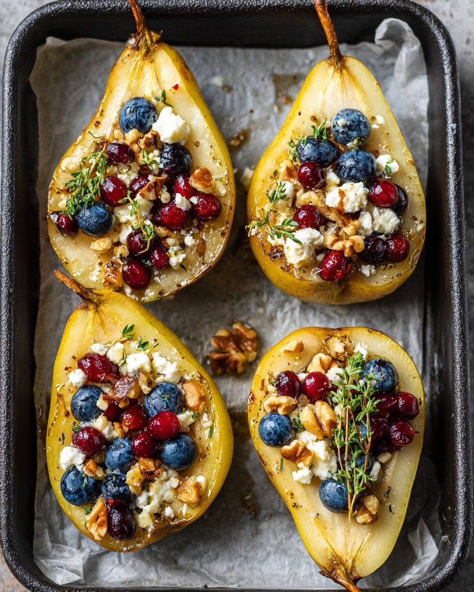 square image The image shows three halves of yellow roasted pears placed in a row on parchment paper in a black baking dish. Each pear half is topped with a mix of blue blueberries, red cherries, white crumbly cheese, chopped brown nuts, and small green sprigs of thyme. The pears have a golden-brown roasted texture with some caramelized spots. The overall setting has a warm tone with the pears and toppings standing out against the white marbled texture surface below the baking dish. photo taken with an iphone --ar 4:5 --v 7