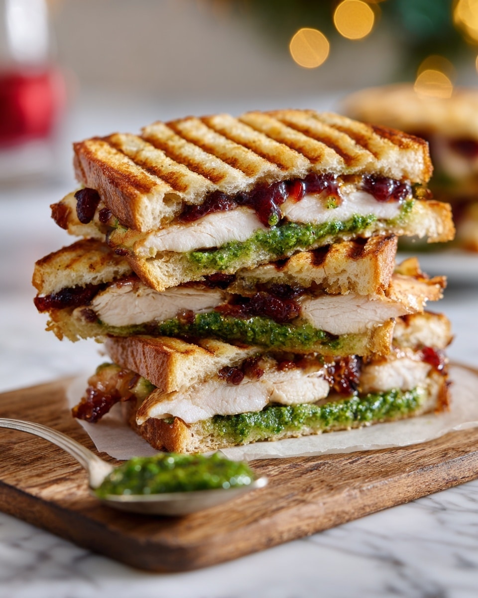 square image A grilled sandwich cut in half and stacked with three visible layers: the top layer is a golden-brown grilled bread with clear grill marks, under which there is a dark red spread that looks like jam or chutney. Below that are slices of light-colored cooked chicken, resting on a thick layer of bright green pesto spread. The bottom layer is another piece of grilled bread with a crisp surface. The sandwich is placed on a wooden cutting board, and a silver spoon with green pesto sits beside it. The background is softly blurred with hints of green and red, all on a white marbled surface. Photo taken with an iphone --ar 4:5 --v 7