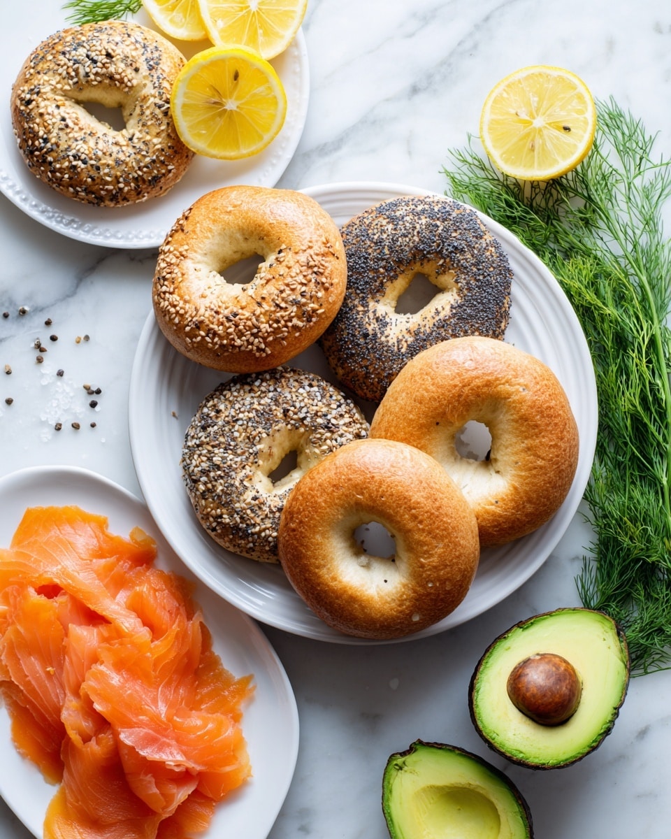 square image The image shows a white plate holding five bagels, two plain with a smooth golden-brown crust and three covered with poppy and sesame seeds, arranged in a slightly overlapping way. Nearby is another white plate with thin, bright orange slices of smoked salmon spread unevenly on it, next to lemon wedges that are bright yellow and juicy. There are two halved avocados with bumpy dark green skin and creamy light green insides, one with the brown seed showing. Fresh green dill and chives are placed around the plates, all set on a white marbled surface. photo taken with an iphone --ar 4:5 --v 7