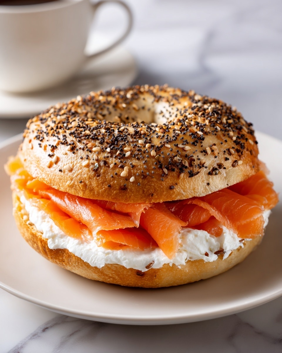 square image A toasted poppy seed bagel is filled with several thin layers of bright orange smoked salmon, topped with a layer of smooth white cream cheese, all sandwiched between the golden-brown bagel halves with black poppy seeds speckled on top. The bagel sits on a white plate, all on a white marbled surface. photo taken with an iphone --ar 4:5 --v 7