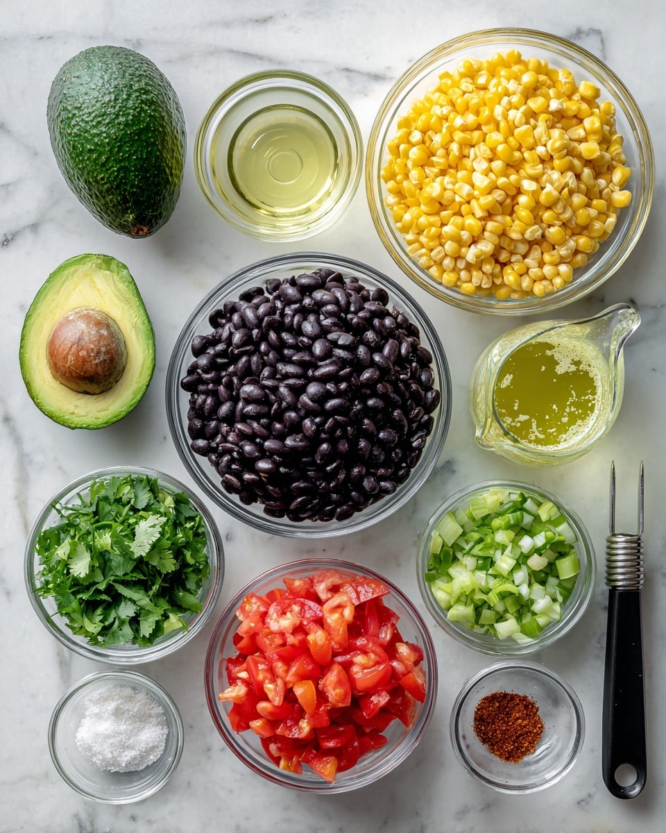 Cold Corn and Bean Salad with Lime Dressing Recipe 4 square image A top view of ingredients arranged on a white marbled surface, including a whole dark green avocado on the left, a large clear glass bowl filled with black beans in the center, a clear measuring cup with light yellow oil to the right of the beans, and a clear cup full of yellow corn kernels at the far right. Below the avocado is a clear bowl with chopped red tomatoes, next to it a small clear bowl with chopped green onions. In the middle bottom are three small clear bowls stacked horizontally: one with chopped green cilantro, one with white minced garlic, and one with red chili powder and white salt in separate tiny bowls. At the bottom right corner is a clear measuring jug with light green lime juice and a black handled kitchen tool. All containers and bowls are clear glass. Photo taken with an iphone --ar 4:5 --v 7