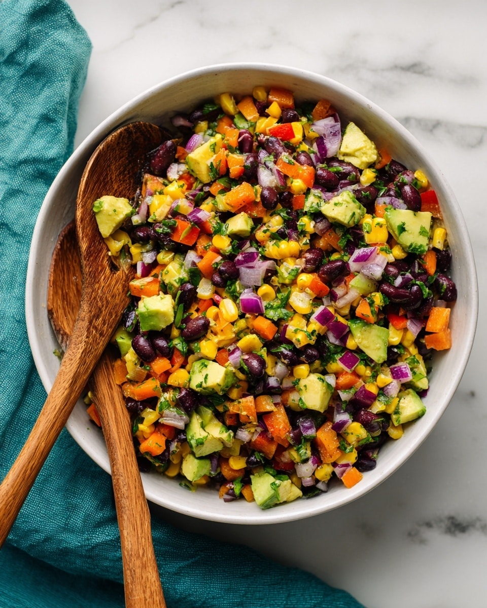 Cold Corn and Bean Salad with Lime Dressing Recipe 5 square image A white bowl filled with a colorful mix of finely chopped vegetables and beans. The layers include bright yellow corn, dark black beans, small pieces of orange and red bell peppers, chopped avocado in green chunks, and finely diced purple onions. There are some fresh green herbs sprinkled on top. Two wooden spoons rest inside the bowl on the left side. The bowl is placed on a white marbled surface with a teal cloth partially visible nearby. photo taken with an iphone --ar 4:5 --v 7