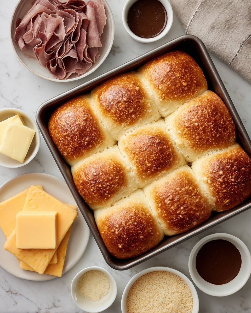 A square pan filled with 12 golden brown soft dinner rolls, arranged in three rows and four columns, sits on a white marbled surface. Nearby, a white bowl contains thinly sliced dark brown deli meat folded loosely. Next to it, a stack of five pale yellow cheese slices rests on the white marbled surface. There are four small white bowls around the pan: one with a small square of butter, one with a dark brown sauce, one with a light brown sauce, and one with beige breadcrumbs or grated cheese. The whole scene is neatly arranged and well-lit. Photo taken with an iphone --ar 4:5 --v 7