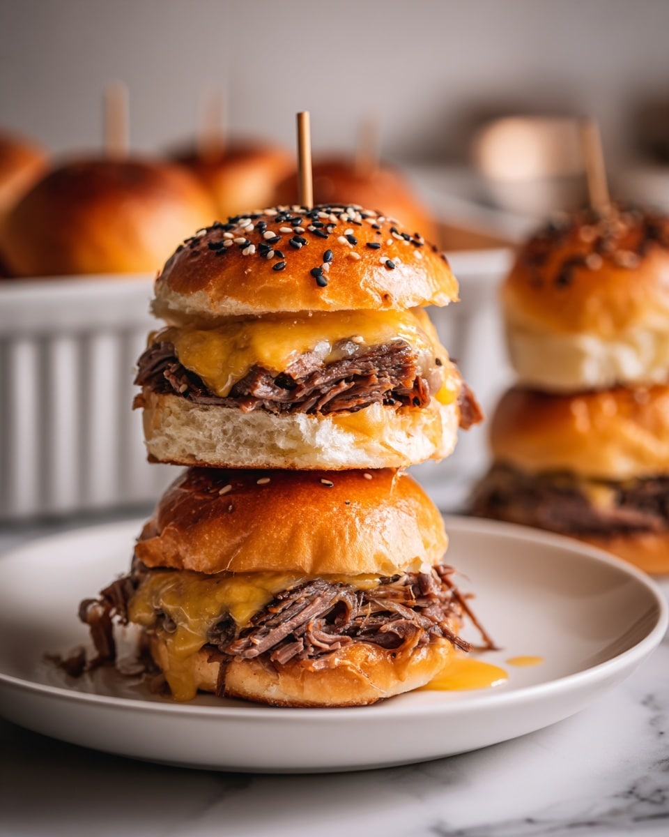 The image shows three stacked sliders on a white plate against a white marbled surface. Each slider has three visible layers: a top golden brown bun sprinkled with black and white sesame seeds, a middle layer of melted bright orange cheese, and a bottom layer of shredded, juicy beef meat with a textured, slightly crispy appearance. The cheese drips down slightly between the bun and meat layers. A bamboo skewer pierces through the center of the top slider to hold it together. In the background, a white dish with more sliders is partially visible. The scene is lit warmly, highlighting the textures and colors of the sliders. photo taken with an iphone --ar 4:5 --v 7
