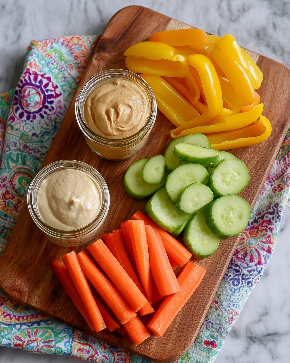 The image shows a wooden cutting board with two small glass jars of dip placed diagonally from each other near the edges; the jar on the left contains a light brown dip while the jar on the right holds a light cream-colored dip. Between and around the jars, there are four groups of fresh vegetables arranged in neat piles: bright yellow bell pepper slices on the top right, several bright orange baby carrots in the middle, green cucumber slices stacked in two groups—one next to the carrots and one near the cream dip. The background is a white marbled texture covered partially by a colorful, patterned cloth. Photo taken with an iphone --ar 4:5 --v 7