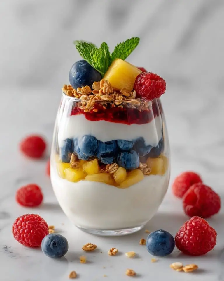 Summer Fruit Parfait with Greek Yogurt, Fresh Berries, Peaches, and Granola Recipe