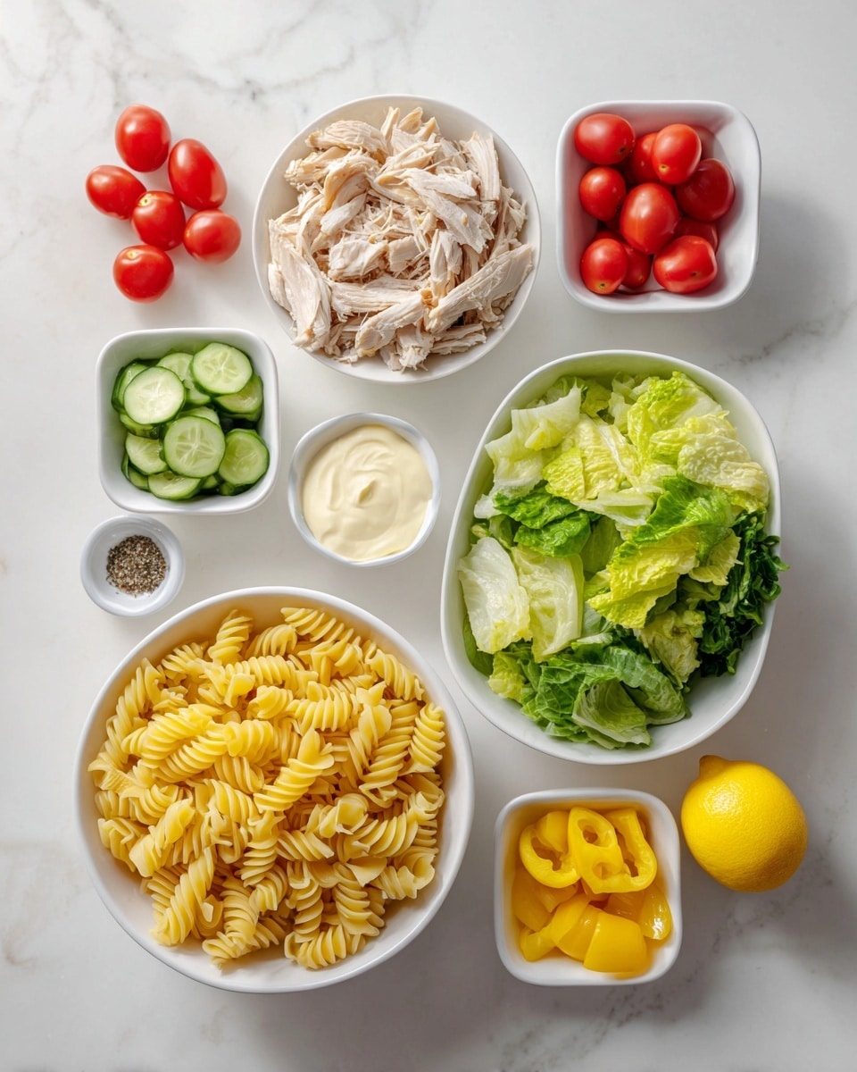 The image shows several white dishes placed on a white marbled surface, each holding different ingredients. There is one large white bowl filled with radiatori pasta that is bright yellow and ridged. Next to it is a smaller white bowl with shredded light beige chicken. Another white square dish holds cherry red tomatoes, while a white bowl contains green leafy lettuce mixed with sliced cucumbers. A small white square bowl is filled with bright yellow bell pepper pieces. There are also small white dishes with creamy white mayonnaise, a bit of light yellow mustard, a small amount of ground black pepper, and a little bit of white vinegar. A bright yellow lemon sits on the surface near the bowls. The scene is neat and well-lit, with the colors of the ingredients contrasting against the white marbled background. Photo taken with an iphone --ar 4:5 --v 7