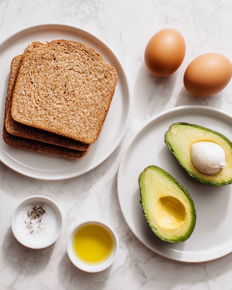 The image shows two slices of whole wheat bread stacked slightly on the left, with two brown eggs placed side by side just below them on a white marbled surface. On the right side, there is a white plate holding half of an avocado with the pit removed, revealing its creamy yellow-green inside. Below the eggs and to the left, there are three small white dishes arranged in a row, containing salt and pepper, yellow olive oil, and clear water. The overall look is clean and simple, with all items spaced apart neatly on the white marbled background. photo taken with an iphone --ar 4:5 --v 7
